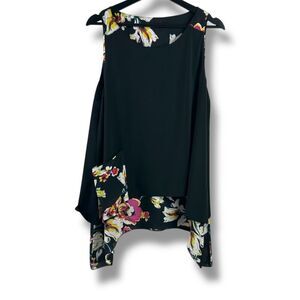 Womens Size L Floral Reversible Asymmetrical Sleeveless Bouse Black Spring Flowy